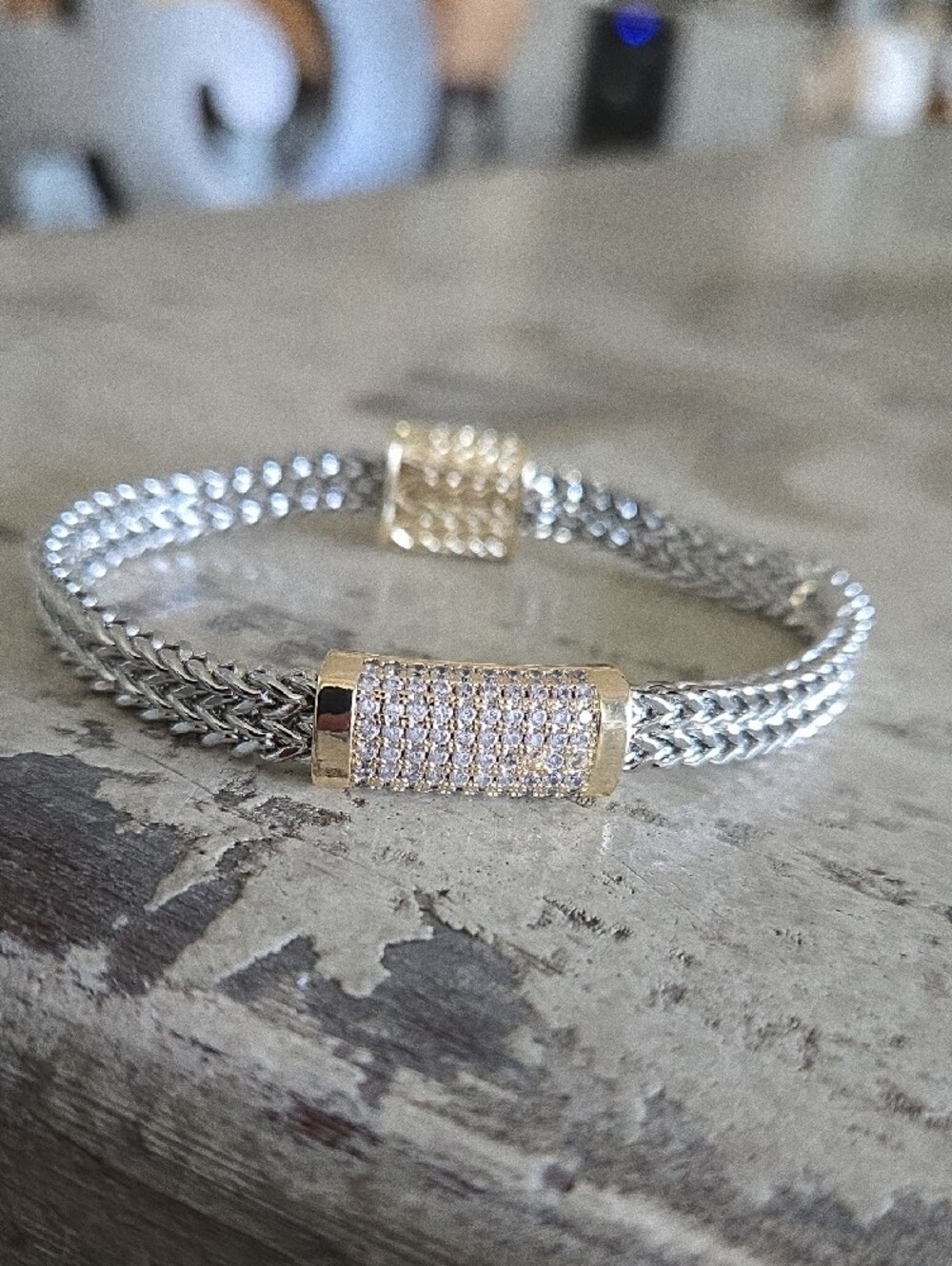 Silver Chain Bracelet with Gold End Caps and CZ Pave Accent, NEW